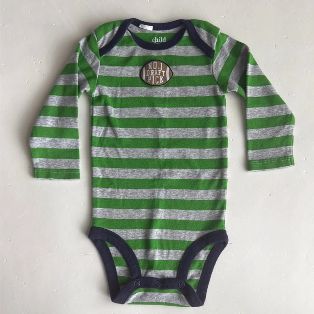 Carter’s Striped Green & Gray “Draft Pick” Long Sleeve Onesie Boys 3-6 Mos